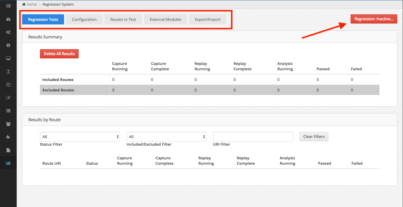 Regression Tests page, with no results