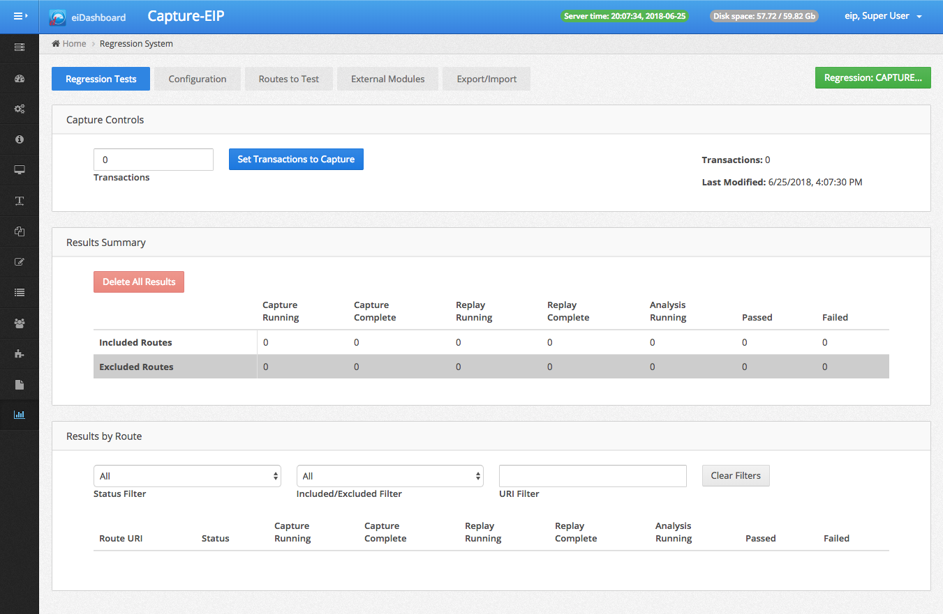 Regression Tests page, with capture active