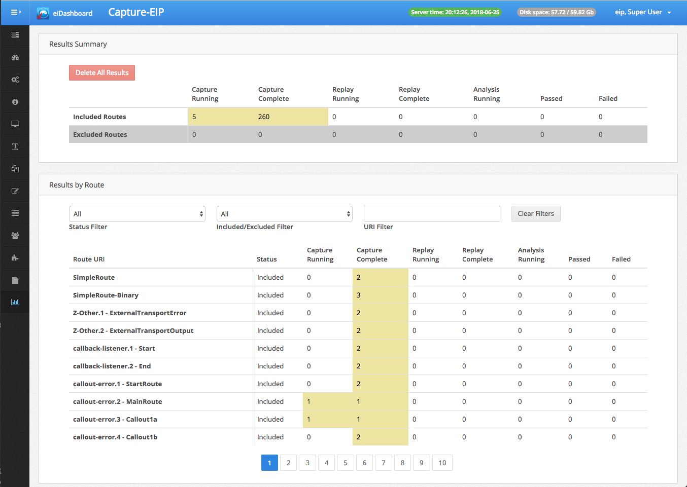 Regression Tests page, with capture results