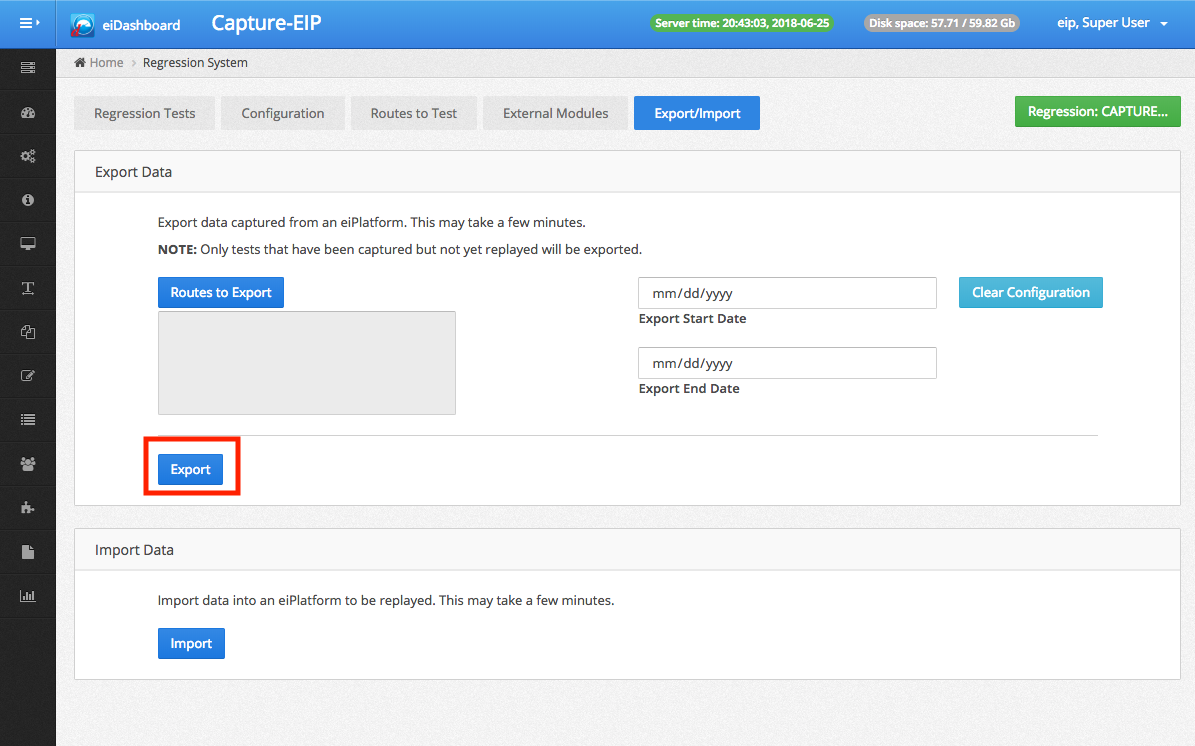 Export/Import Page, for export