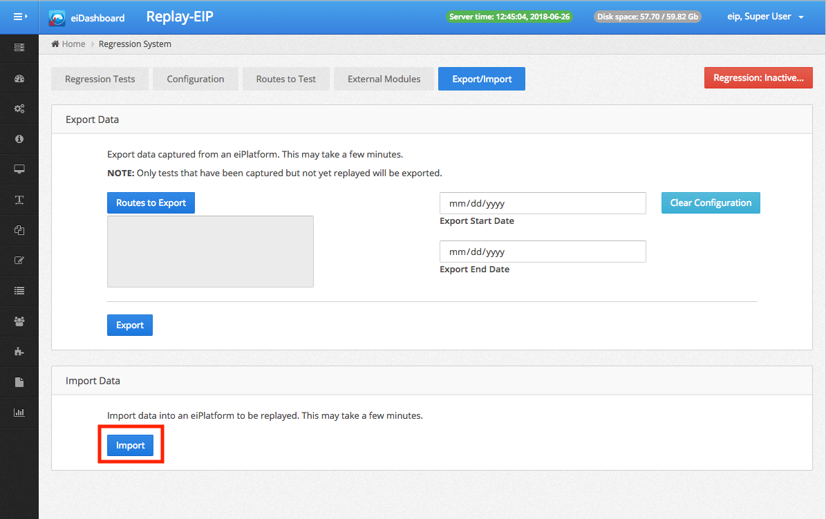 Export/Import page, for import