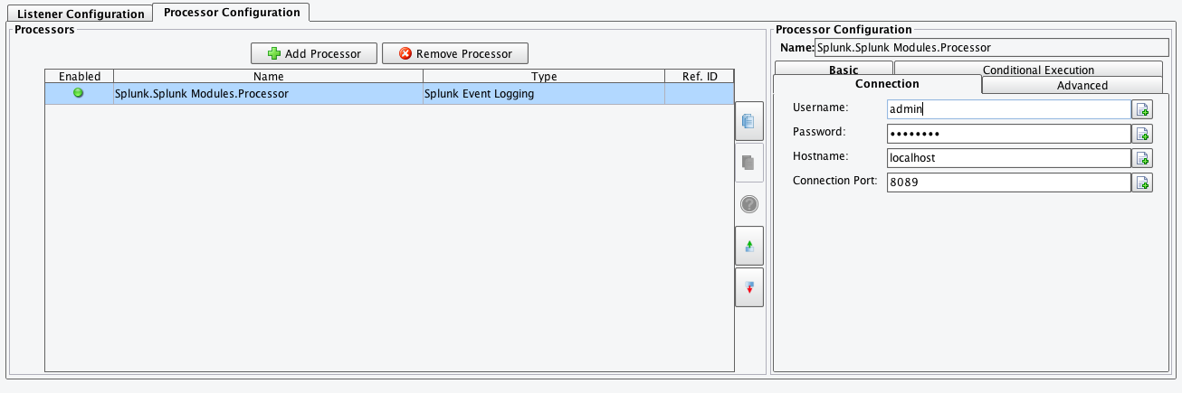 Splunk Event Logging Processor Connection Tab