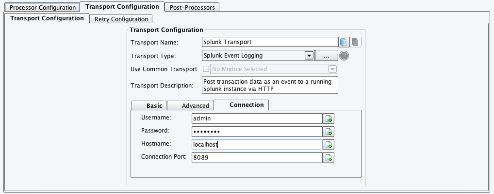 Splunk Transport Connection Options in eiConsole for Splunk