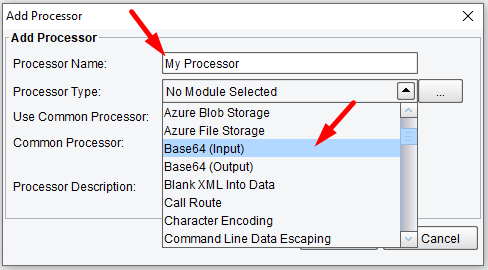 Select the type of data processor or adapter.