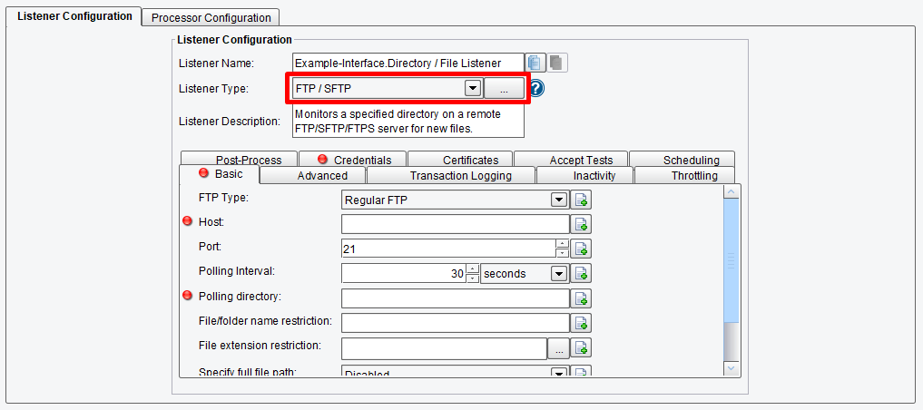 Configuration options for an FTP or SFTP Type of Listener/Adapter