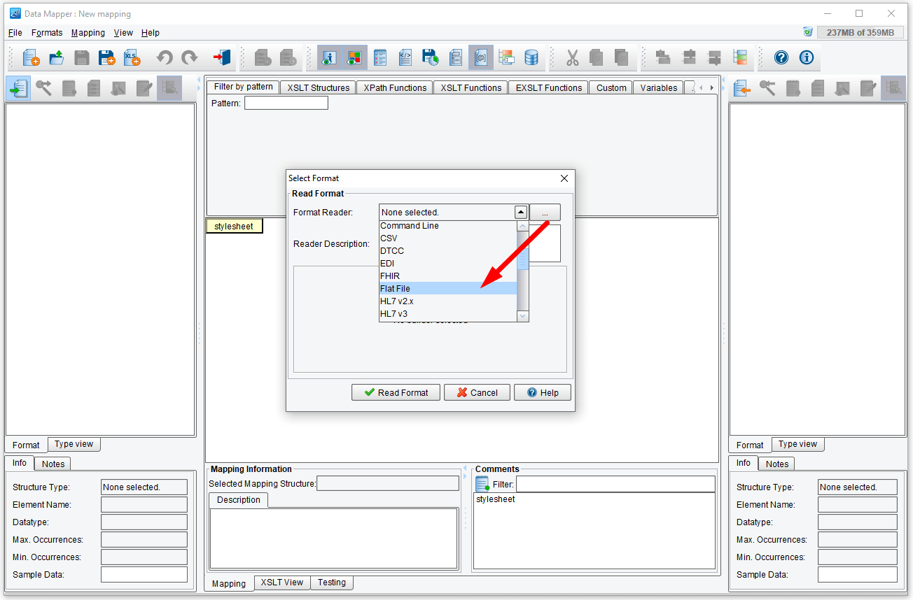 Select the source file format in the data mapper.