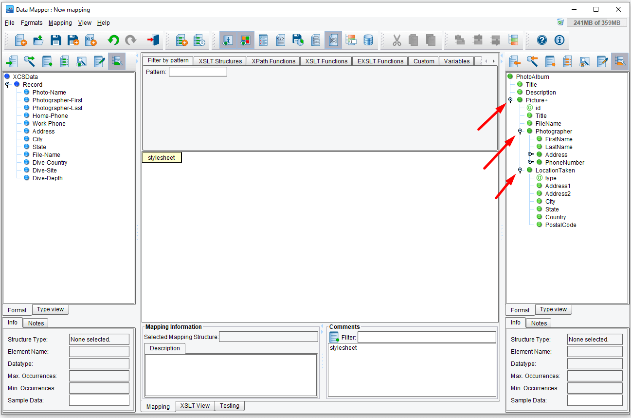 The tree on the right represents the logical XML structure of the output file.