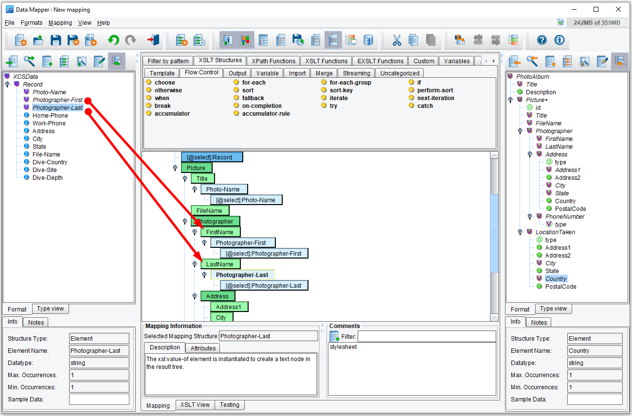 Associate source fields with target data fields in the data mapper example.