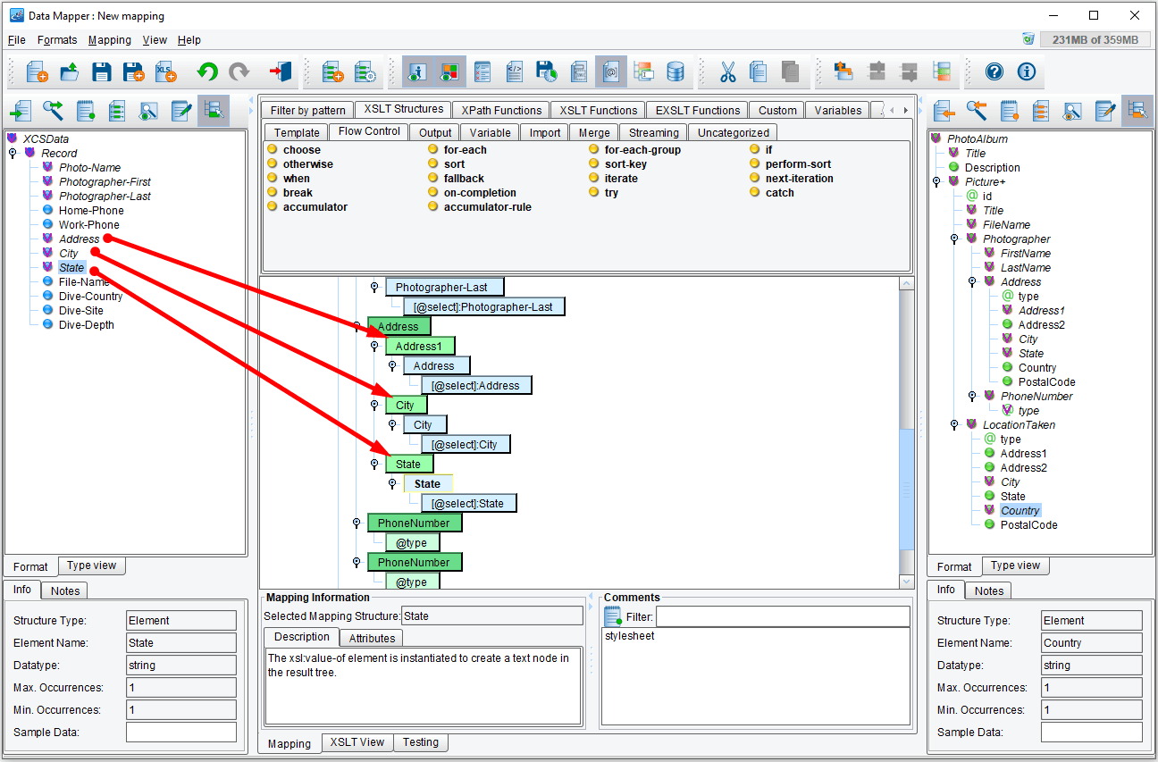 Associate source fields with target data fields in the data mapper example.