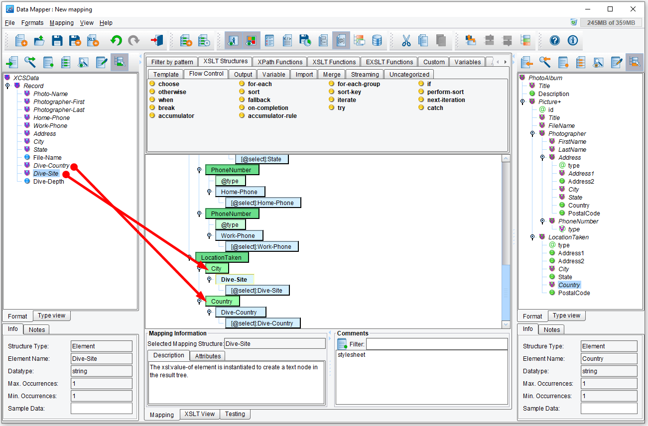 Associate source fields with target data fields in the data mapper example.