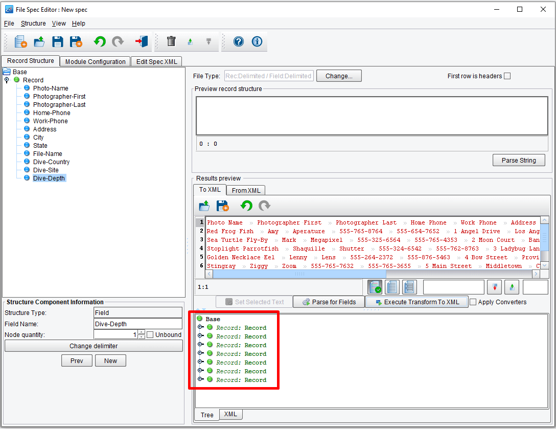 View the output of the parsed file data.