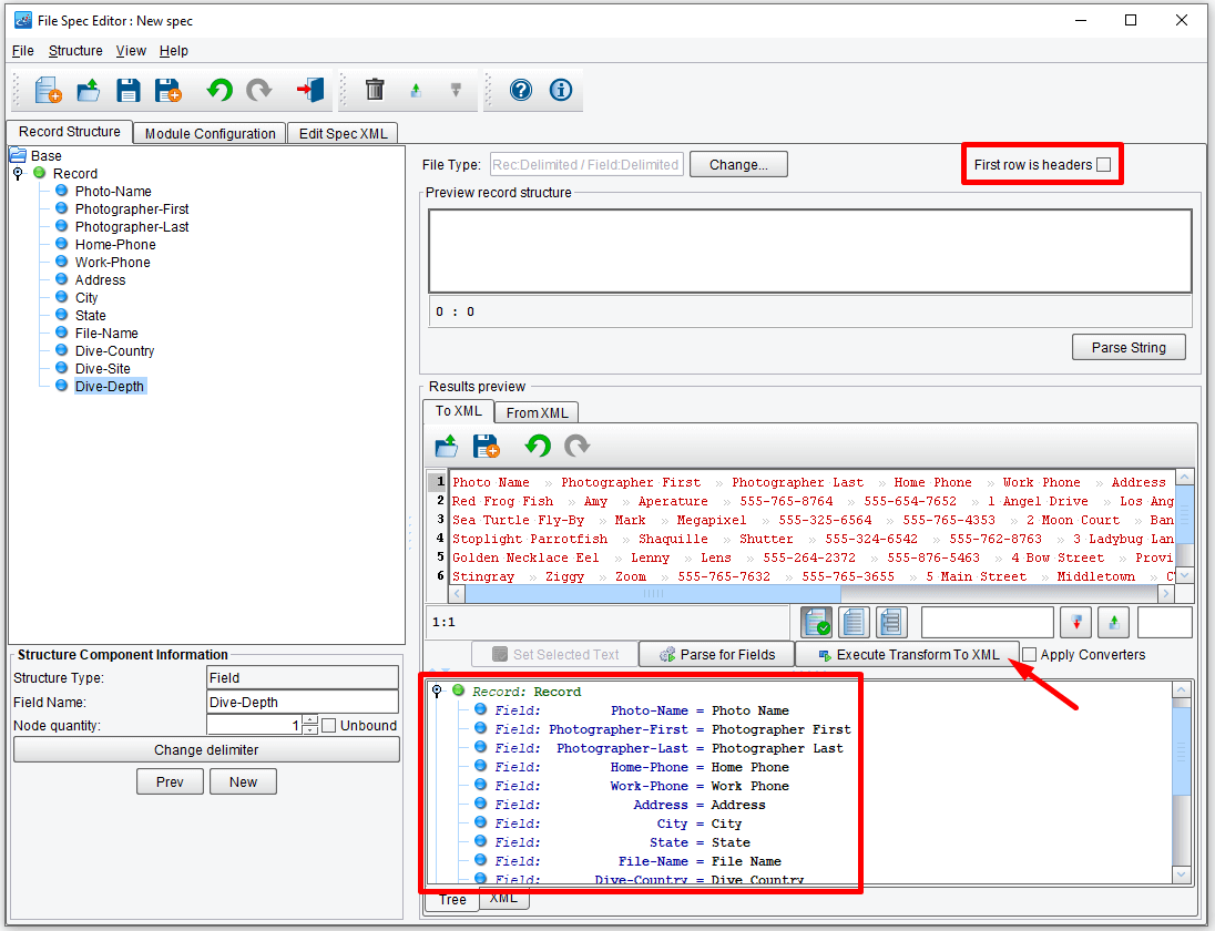 View the parsed fields of each parsed record in XML format.