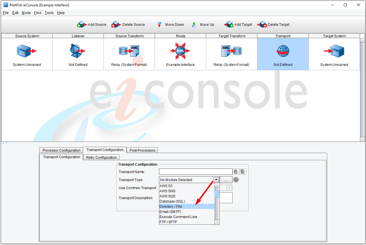 Select the type of transport in the transport configuration panel.