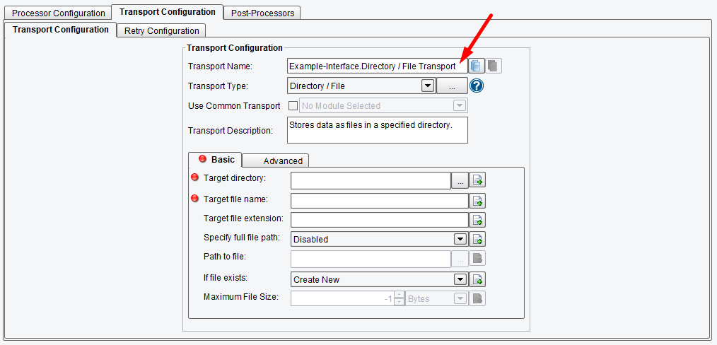 The transport name default is supplied, or you can create your own.