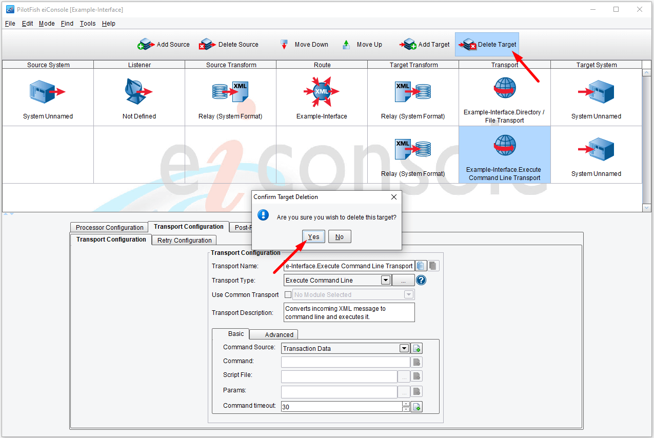 Select delete to remove the transport from the data route.