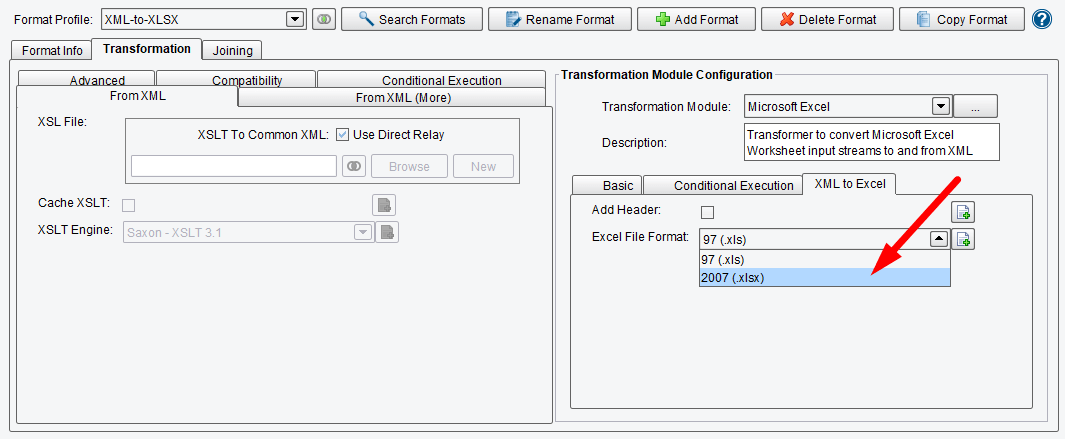 Select XML encoding type from the XML to Excel transformation configuration panel.