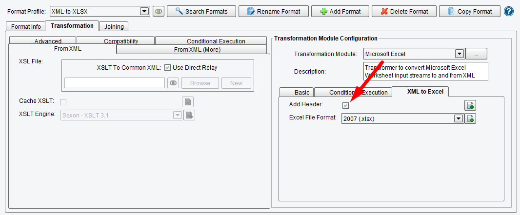 Select Add Header in the XML to Excel options.