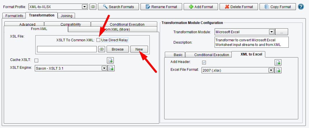 XSLT to XML - Select Direct Relay option.