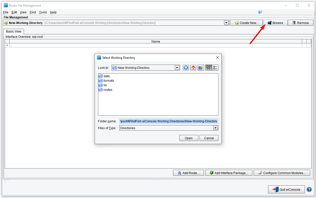 Route File Management Working Directory Created in eiConsole