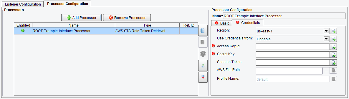 AWS STS Role Token Retrieval Processor Credential Options