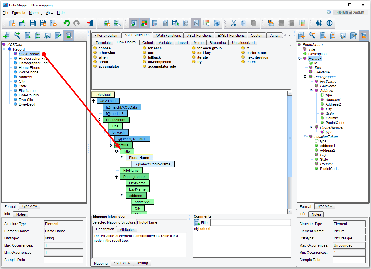 Associate source fields with target data fields in the data mapper example.