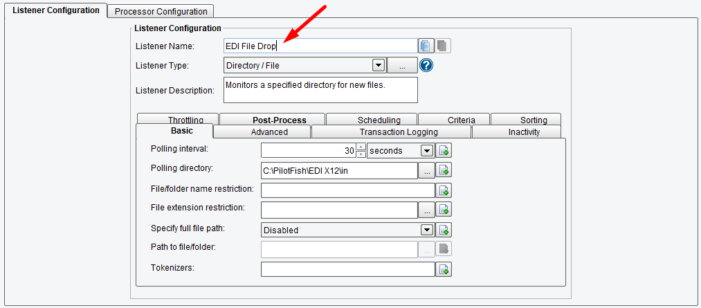 Fill in required listener configuration options for the edi route.