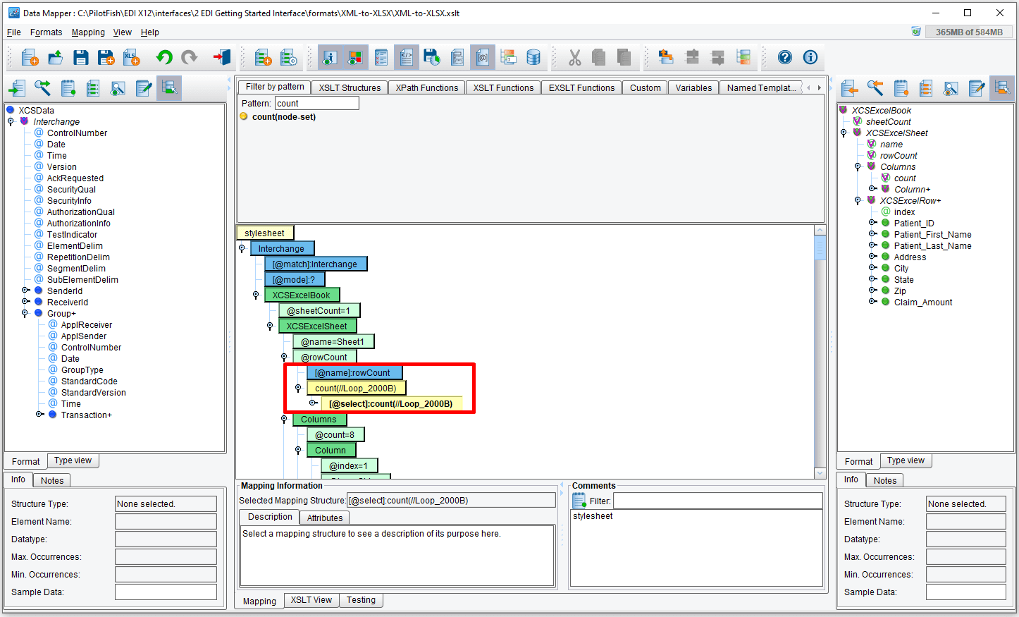 Fill the count() function that appears with the XPath representing the patient claims elements.