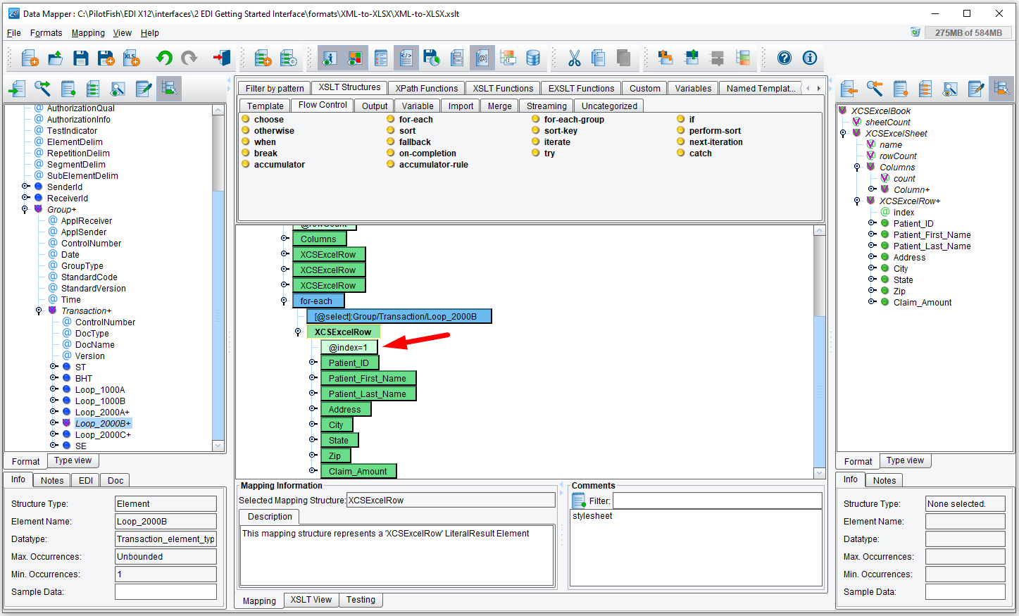 Final view of the four-each structure created in the data mapper.