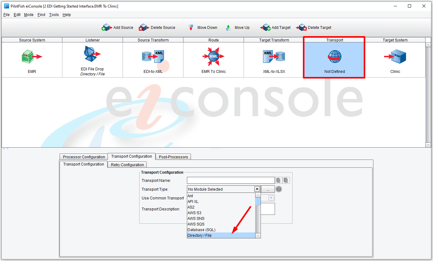 Begin the transport configuration by selecting the transport icon.