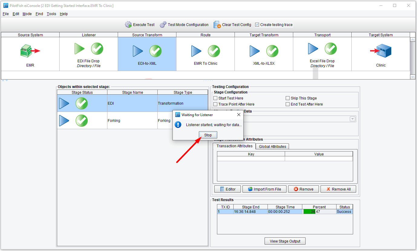 Click on Stop at any time to stop your testing of the route.