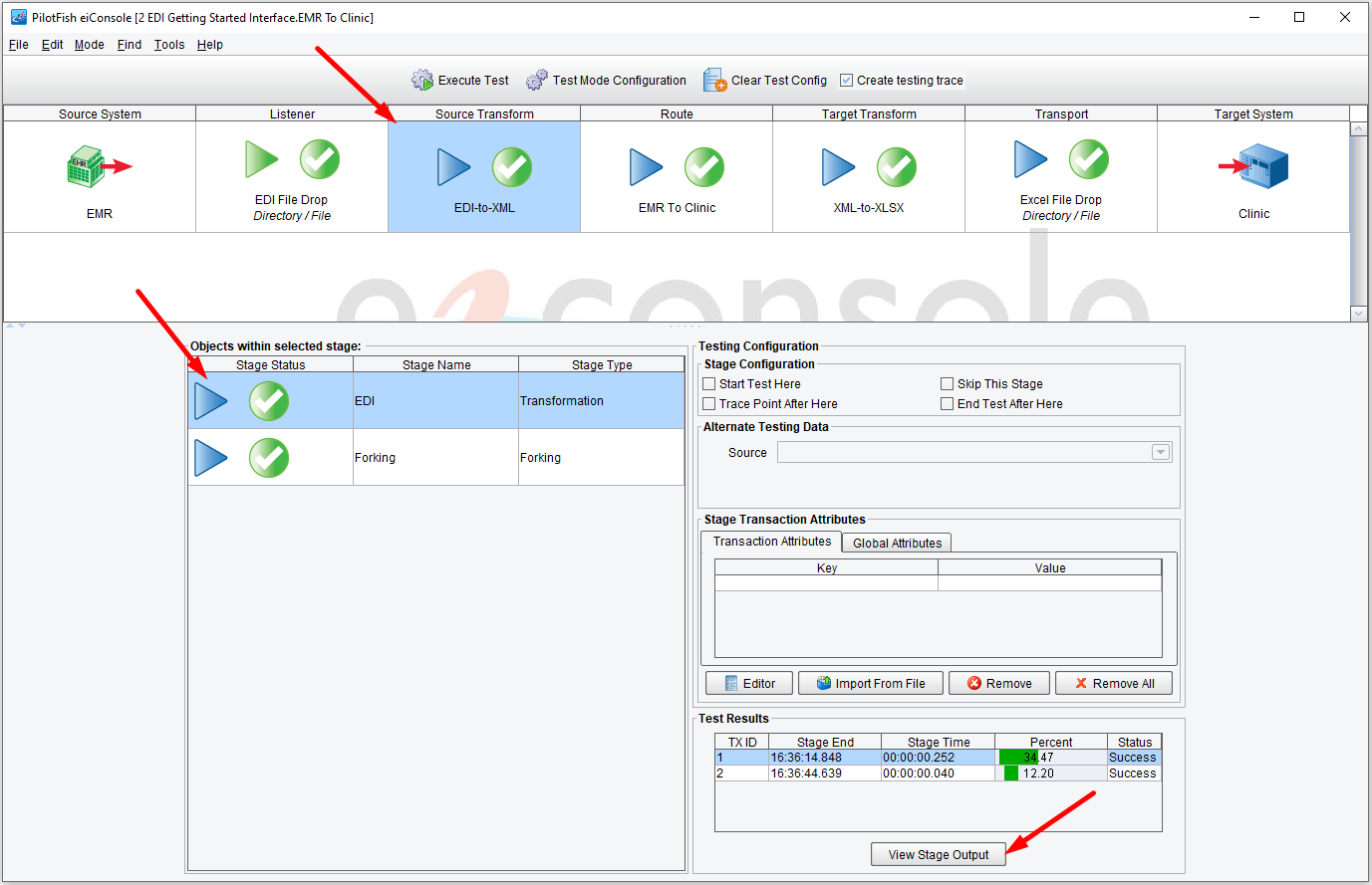 Select the EDI to XML stage in the route and click the View Stage Output.