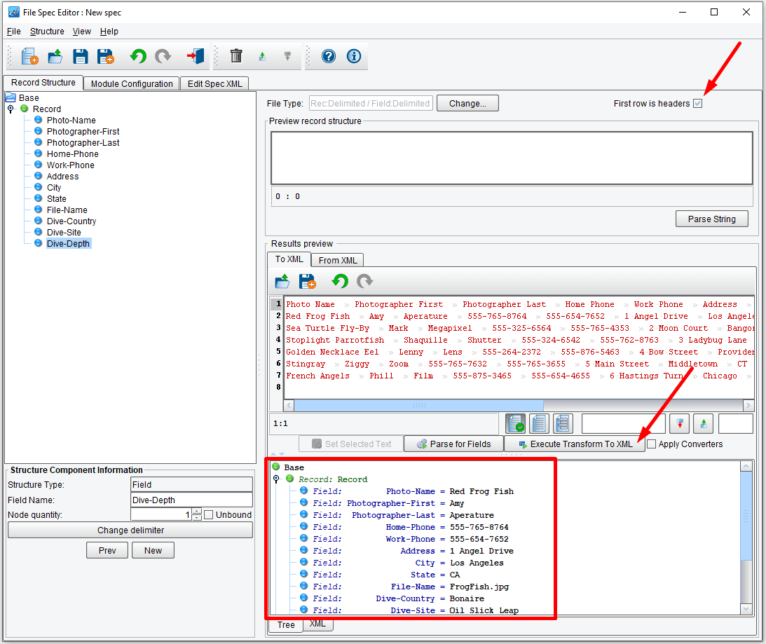 View the parsed fields of each parsed record in XML format without a header