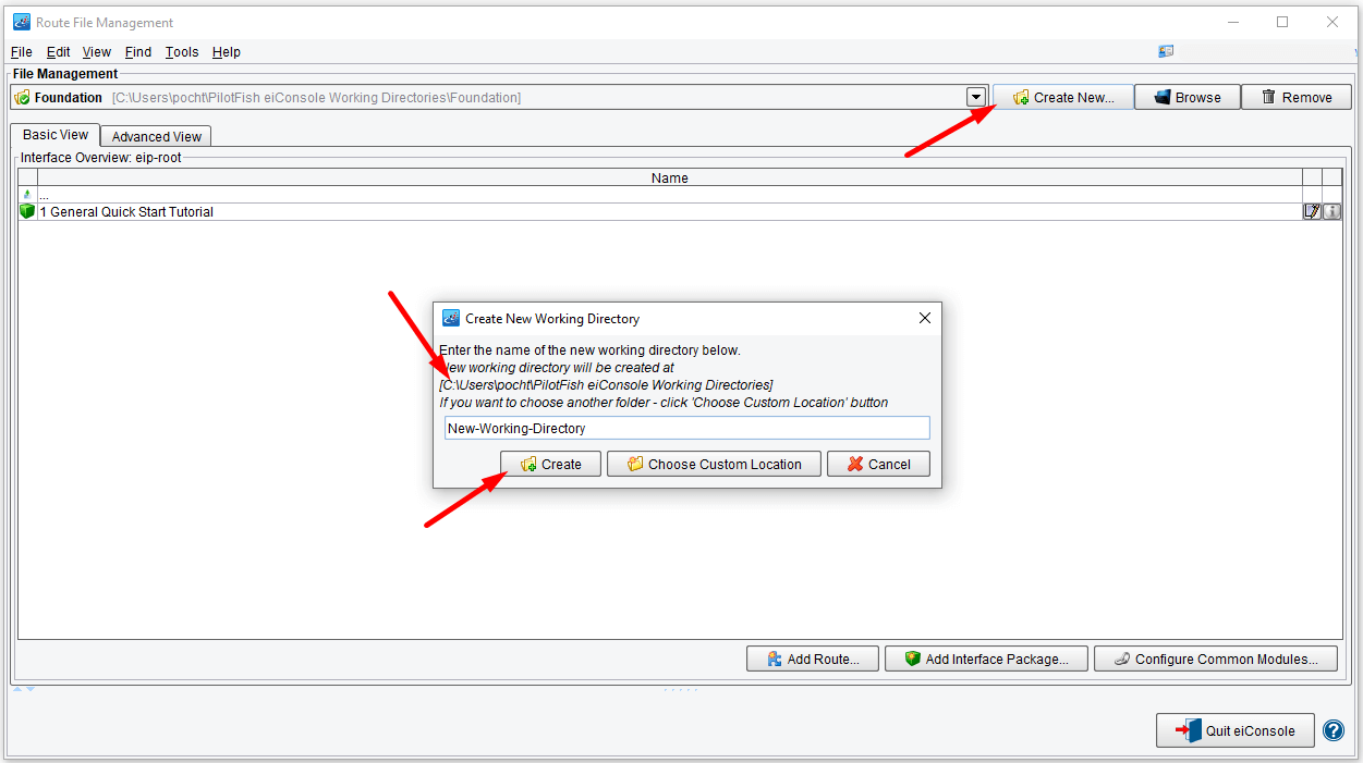 Creating Route File Working Directory in eiConsole