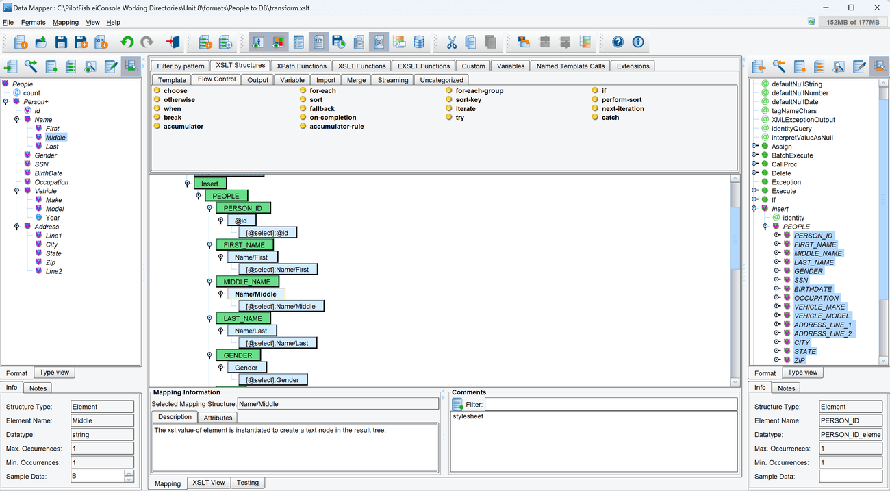 Map the child nodes of the <strong>Person</strong> node in the source format tree onto the <strong>People</strong> table column nodes in the center mapping panel