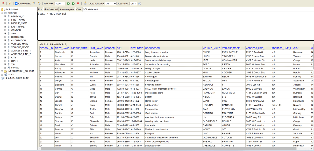 The records from the people.xml file should be in the database table