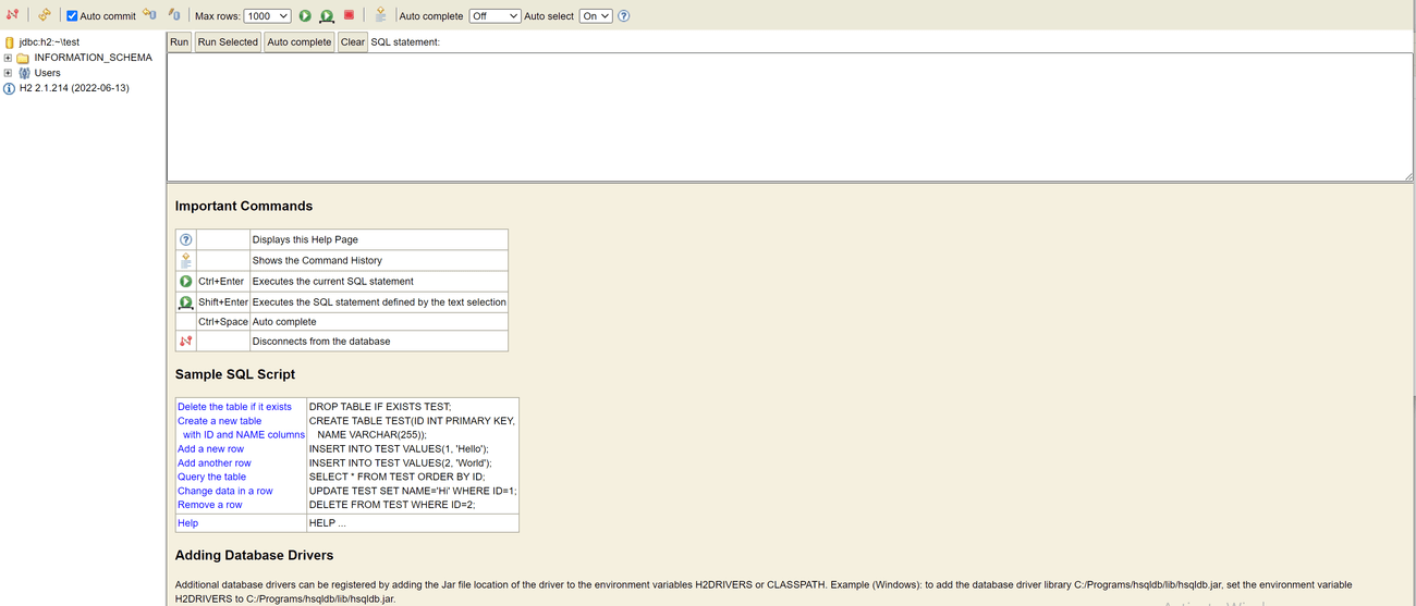 Sign Into H2 Database