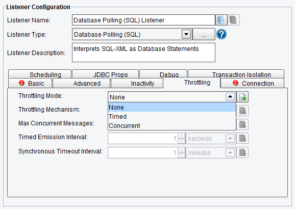 Database Polling (SQL) Listener Throttling Mode Selections