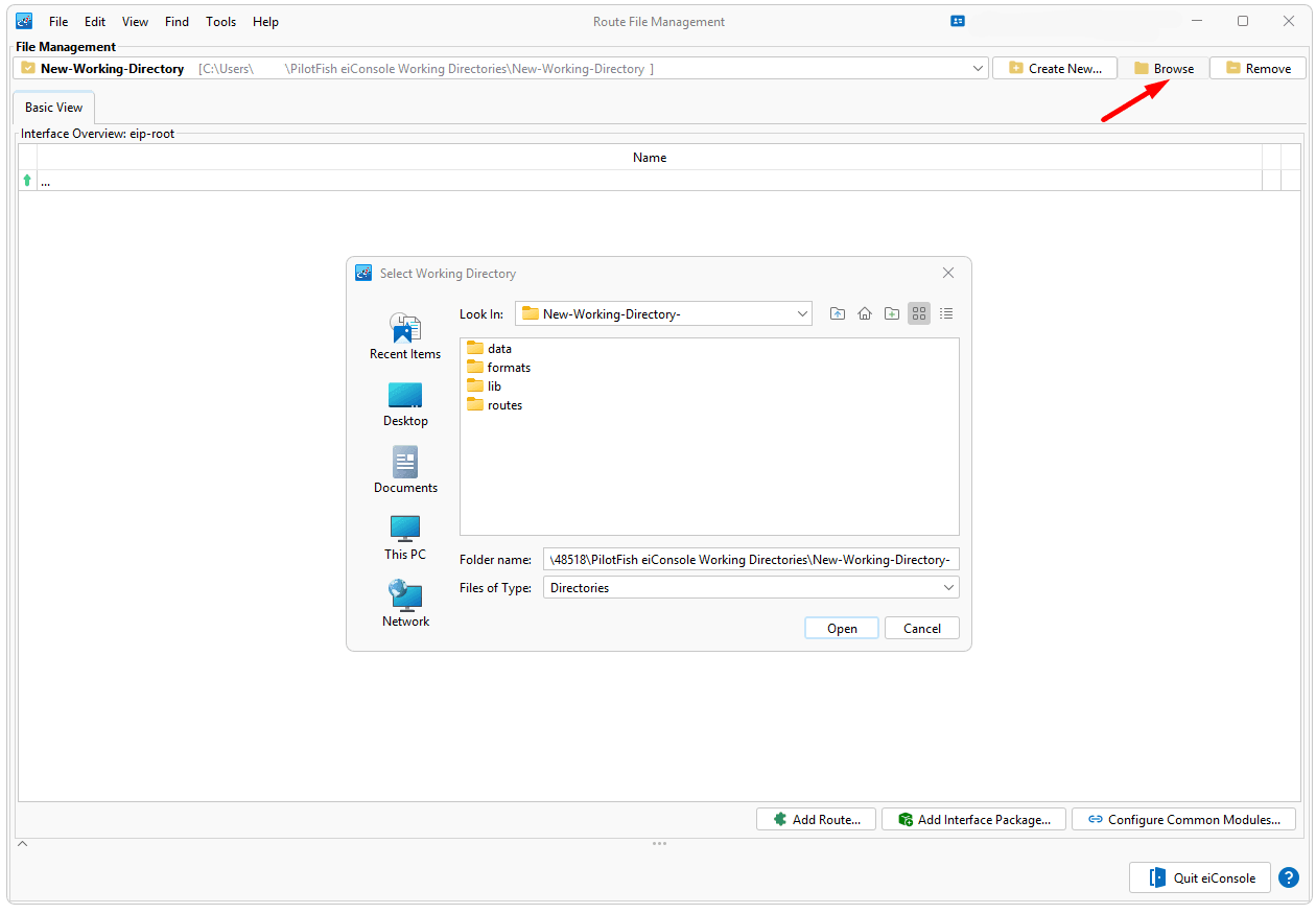 Route File Management Working Directory Created in eiConsole